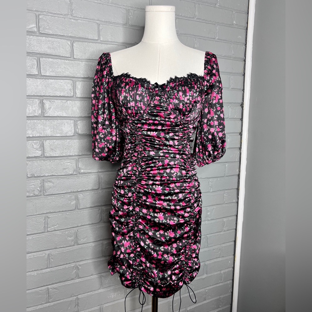 For Love and Lemons Melrose Black Pink Floral Ruched Mini Dress Size Small